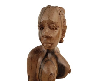 Hand Carved African Woman Bust Sculpture Solid Wood Vintage c1970s 1980s Single Piece of Wood