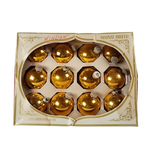 Shiny Brite Christmas Ornaments Gold Plastic and Metal Caps Made in USA Vintage Box of 12