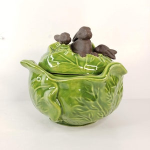 Vintage Holland Mold Ceramic Cabbage Head Candy Dish Easter Bunnies on Top 1970s USA