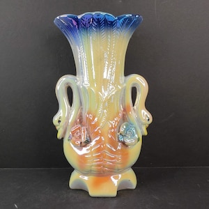 Vintage Lusterware Schwanenvase mit Capodimonte Aufgesetzten Rosen Blumen Hochglanz Glasur Pastellfarben Mid Century Japan