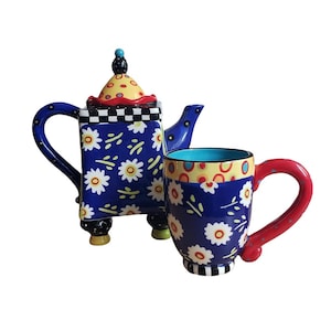 Tea Party by Joyce Shelton Teapot and Cup Footed Square Whimsical Ceramic Set