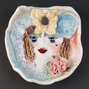 Vintage Ellen Williams Ganz Art Pottery Vanity Ring Jewelry Dish Whimsical Lady