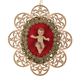 Baby Jesus Figurine Ornament on Laser Cut Wood Gold Trim Hand Made in Germany