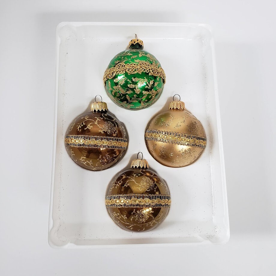Vintage Mercury Glass Christmas Tree Ornements Brown Bronze et Vert avec Or Glitter Balls Allemagne