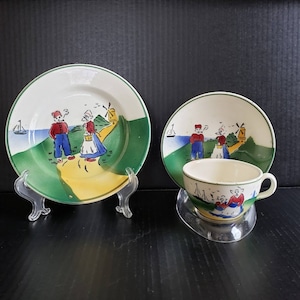 Vintage Czechoslovakia Pottery Set Cup Saucer Cake Plate Earthenware Hand Painted Dutch Holland Netherlands Man and Woman Seaside Windmill