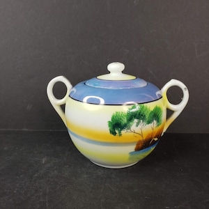 Vintage Lusterware Sugar Bowl with Lid Lake with Swan Hand Painted Made in Japan Mid Century