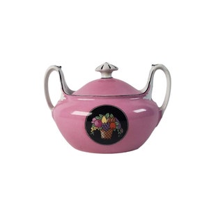 F & W Phoenix Czechoslovakia Porcelain Sugar Bowl Pink Fruit Basket Art Deco