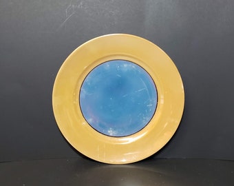 Prato de sobremesa de porcelana com brilho pêssego e azul 7 5/8" feito no Japão Art Déco