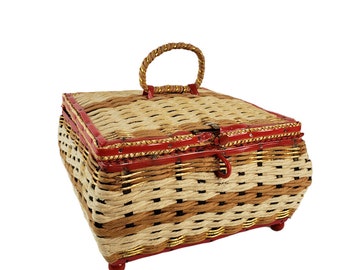 Vintage Wicker Musical Sewing Basket and Notions Needles Pin Cushions See Video