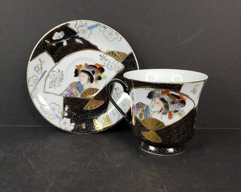 Vintage Asian Geisha Porcelain Tea Cup and Saucer Set Gold Hand Painting Red Backstamp Made in China Mid Century