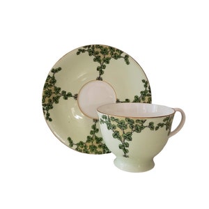 Aynsley Tea Cup and Saucer Bone China Made in England Green Gold Trim c1940 1960