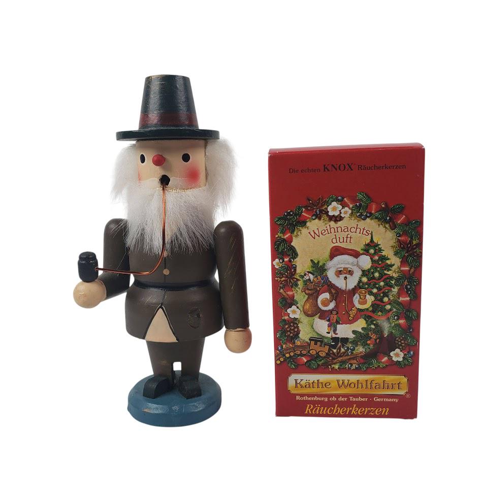 Vintage Erzgebirge Incense Smoker Man with Long Pipe Wood Made in Germany Includes Box of Cones