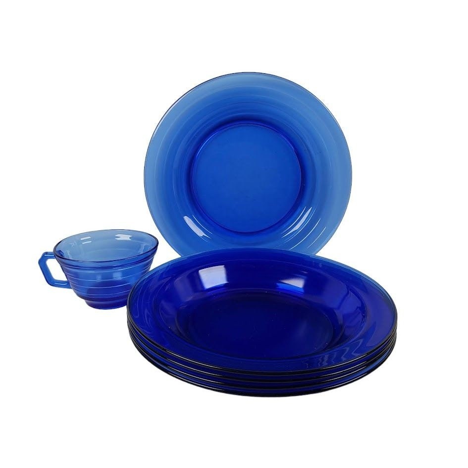 Vintage Blue Glass Dinnerware Arcoroc Bowls Dinner Plate Cup 6 Pieces