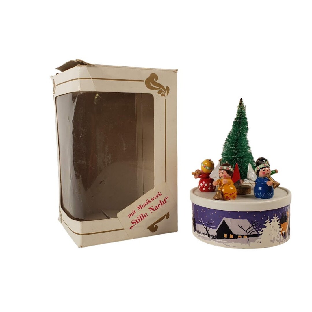 Vintage Christmas Music Box Wood Angel Figures Play Silent Etsy