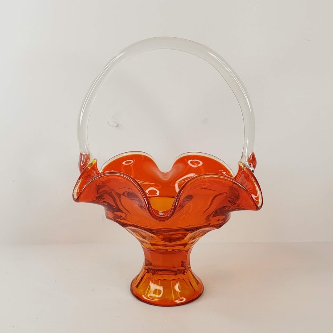 Vintage Art Glass Basket Amberina Orange C1960s Mid Etsy Sweden