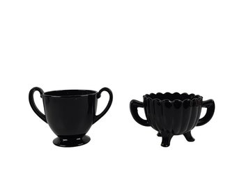 Vintage Black and Amethyst Glass 2 Sugar Bowl and 2 Saucers Unmarked
