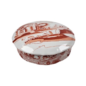 Vintage Chinese Trinket Jewelry Box Round Porcelain Hand Painted Village Scene 7&quot; Diameter