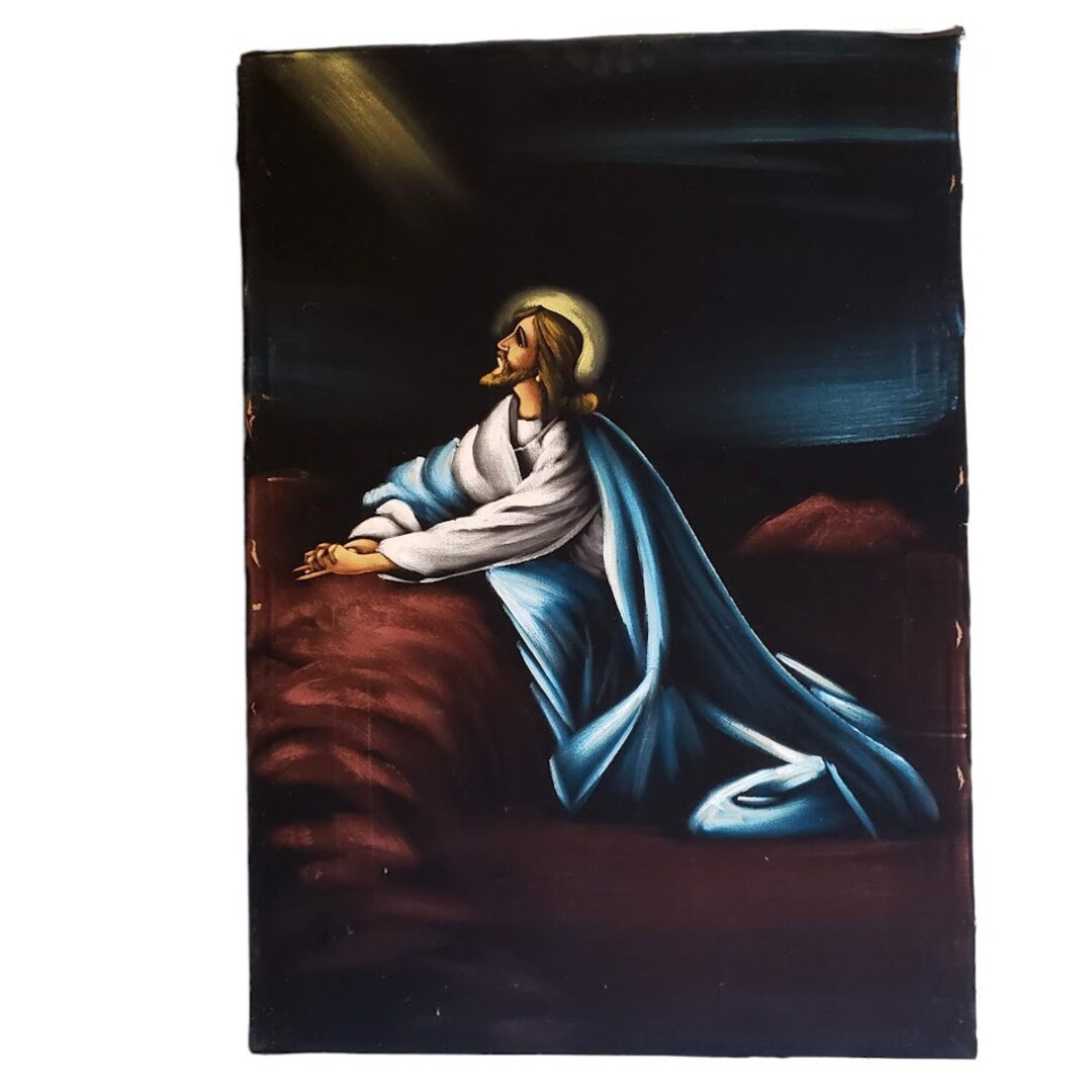 Jesus Velvet Oil Painting Praying at Garden of Gethsemane Vintage 35 X