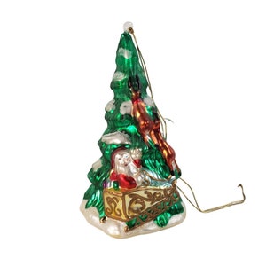 Mercury Glass Christmas Tree Ornament Hand Blown Santa on Sleigh with Reindeer 9 1/2&quot;