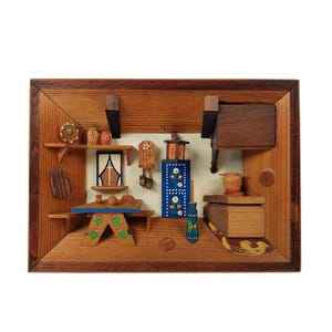 家具 Vintage 3D Wood ART Vintage Wood Diorama Alpine German Hut Chalet Living Dining Room