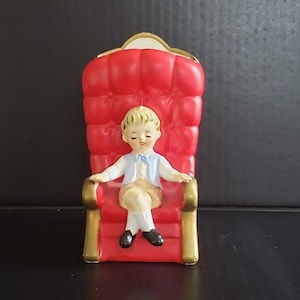 Vintage Lefton Boy in Big Puffy Red Royal Chair Planter or Vase Porcelain Figurine  #2113 Made in Japan