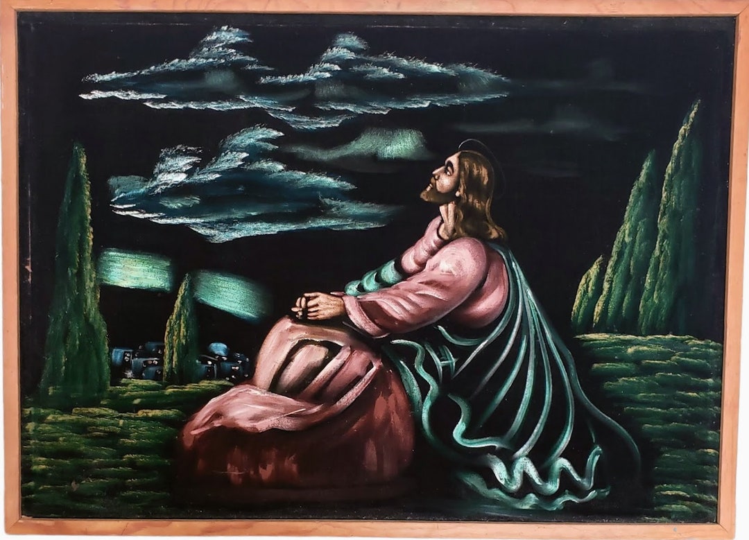 Jesus Velvet Oil Painting Praying at Garden of Gethsemane Vintage Wood