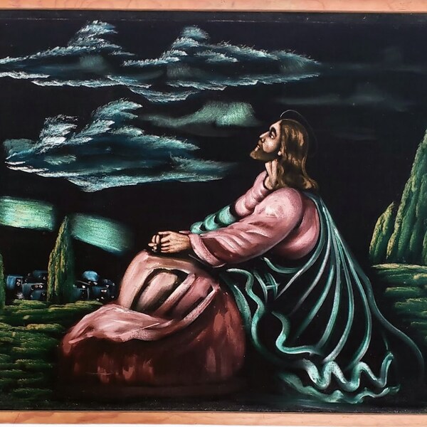 Jesus Velvet Oil Painting Praying at Garden of Gethsemane Vintage Wood Frame 36" X 26" X 1"