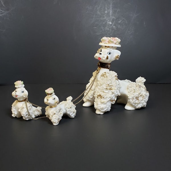 Vintage Spaghetti Poodle Dog Family Figurines Mom and Babies Connected with Chain Porcelain