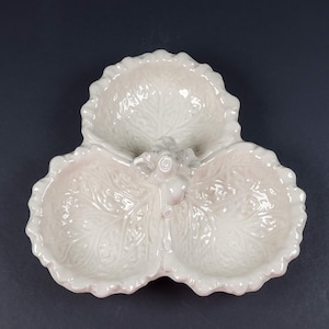 Vintage Majolica Art Pottery Cabbage Leaf Dish 3 Section Ceramic Made in Italy