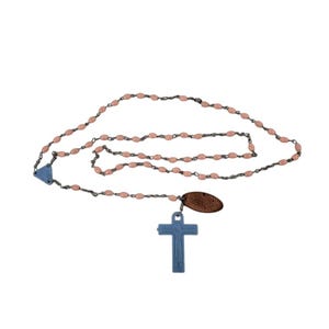 Vintage Baby Rosary Lord&#39;s Prayer Coin Plastic Beads and Cross Pink and Blue