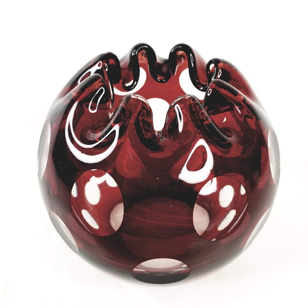 Vintage Art Glass Rose Bowl Coin Dot Ruby Red Unmarked Etsy