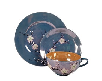 Nippon Cherry Blossom Lusterware Porcelain Tea Cup Saucer Dessert Plate Made in Japan Vintage