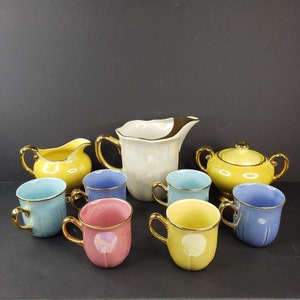 Vintage Acme Craftware USA Porcelain Dinnerware 22 Carat Gold Trim Pearlized Iridescent Lusterware Water Pitcher Sugar Lid Creamer Tea Cups