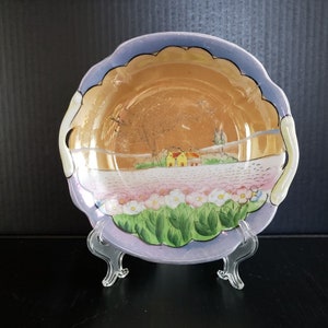 Vintage Peach Lusterware Bowl Reticulated Handles Hand Painted Cabin in Field Design Made in Japan