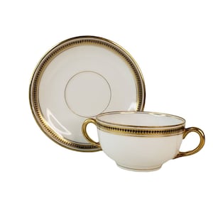 Antique La Seynie Limoges Creme Soup and Saucer Green Stamp P P Gold Trim