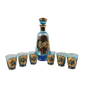 Italian Art Glass Decanter and Shot Glasses Blue with Gold Trim Hand Painted Vintage