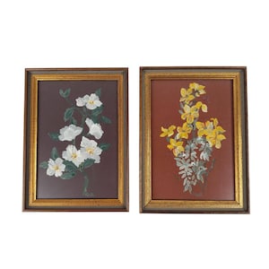 Par de pinturas originais de arte vintage assinadas Korth moldura de madeira pintada à mão na Alemanha década de 1970
