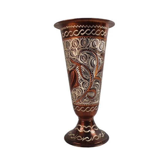 ヴィンテージ銅製花瓶 壷 エッチング彫刻 フォーラルデザイン 8 1/4