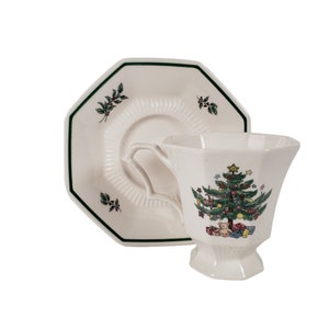 Vintage Nikko Christmastime Footed Tea Cup and Saucer Green Stamp Made in Japan