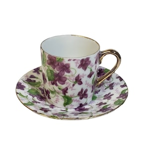 Vintage Bone China Demitasse Cup and Saucer Violet Transferware Hand Painted Gold Trim #10027