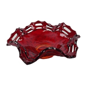 Fenton Red Amberina Glass Basketweave Bowl Footed Vintage 6 7/8&quot;