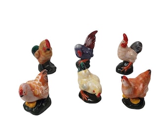 Vintage Huhn und Hahn Figuren Barnyard Tiere Keramik Lot von 6 Handgemalt aus Deutschland