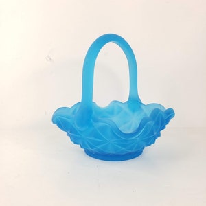 Vintage Indiana Glass Blue Satin Glass Handle Basket Square Monticello Pattern Great for Easter