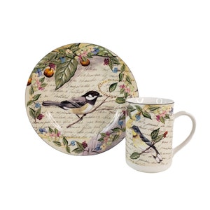 American Atelier at Home Porcelain Coffee Cup and Dessert Plate Set Sparrow Bird on Twig  #5071