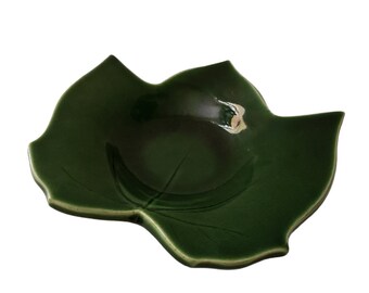 Vintage Art Pottery Leaf Dish Green Majolica Glaze Incised Acorn 2000 Back Stamp Mid Century Modern MCM