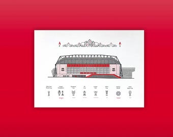 May include: A minimalist illustration of a stadium with a red roof and pink facade. Below the stadium are illustrations of trophies, including the FIFA Club World Cup and the UEFA Super Cup. The background is a solid red.