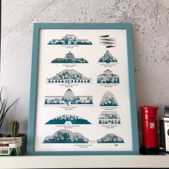 Glass Houses of Britain and Ireland Risograph Graphic Floral Architecture Print