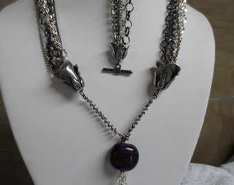 Black, Silver and Purple Multichain Necklace and Bracelet