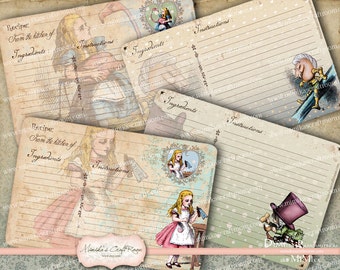 Alice in Wonderland Digital Collage Sheet Alice Recipe Cards - Set of 6 Instant Download Printable Paper Alice  Cards