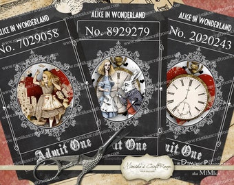 Alice in Wonderland Vintage Tickets Digital Collage sheet printable images Background Ephemera Clip Art Embellishment